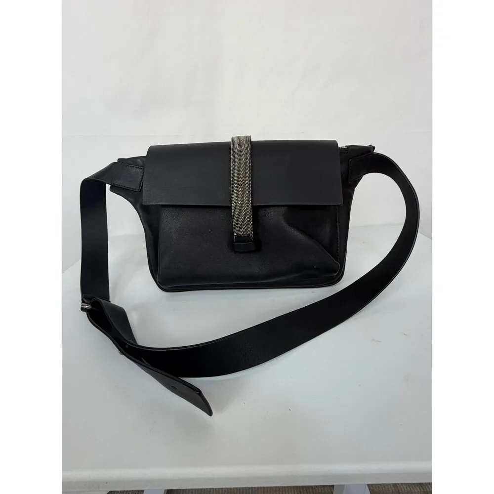 Brunello Cucinelli Leather Black Beaded Flap Over Belt/Shoulder Messenger Bag